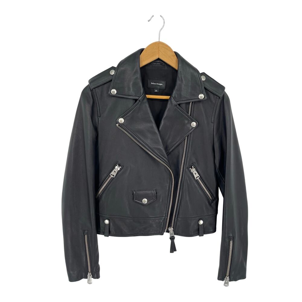 Mackage Black Baya Lamb Leather Biker Moto Motorcycle Jacket size Small